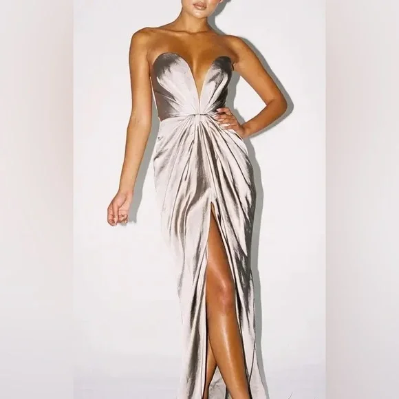 House Of CB 'Sigourney' Mink Satin Draped Front Maxi Dress NWOT - Picture 11 of 15